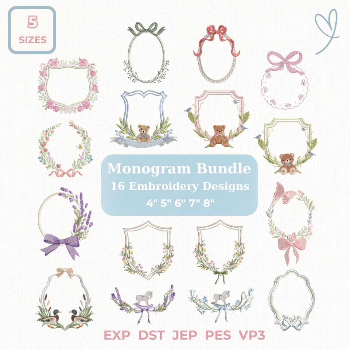 Embroidery monogram design bundle, Monogram Wreath Crest Embroidery Bundle, Instant Download dst,des, exp, jep, vp3