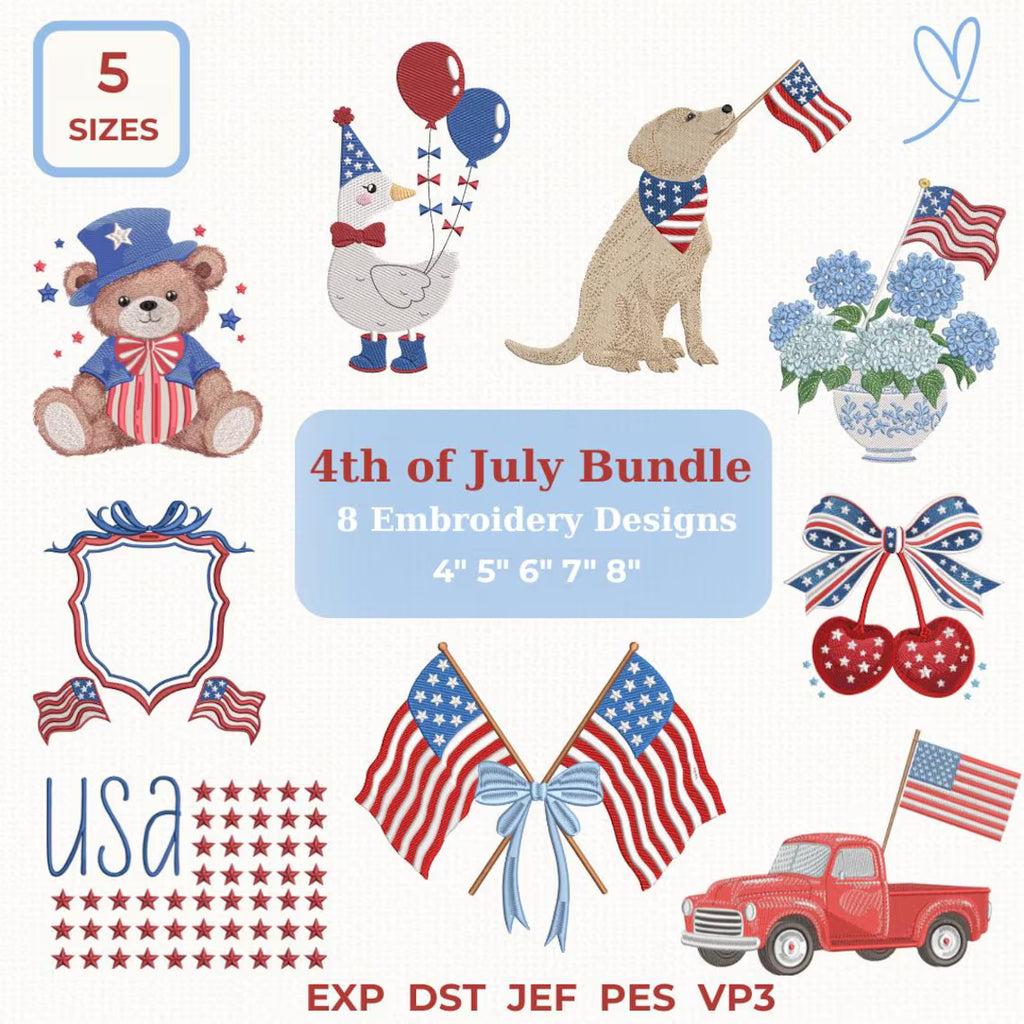 Set 9 USA Embroidery Bundle Design,American Flag Embroidery Design Patriotic Flag Embroidery Design, 4th of July, Teddy Bear Embroidery